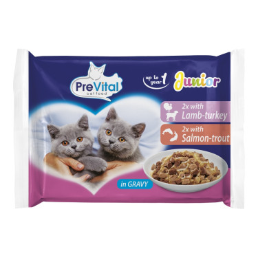Prevital Junior hrana za mačke, janjetina, puretina, losos i pastrva, vrećica od 100 g (4 pakiranja)