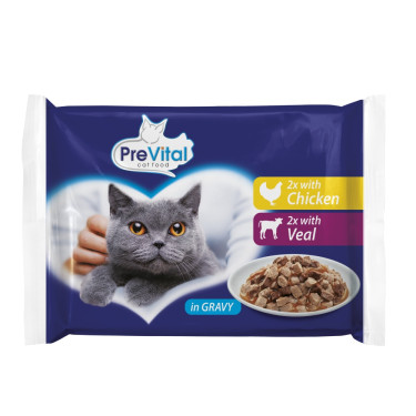 PreVital vrećica hrane za mačke s piletinom i teletinom u umaku, vrećica od 100 g (pakiranje od 4 komada)