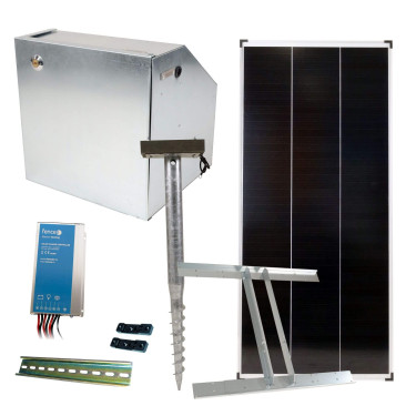 Osnovni set za solarnu ogradu sa sigurnosnom kutijom, regulatorom od 15 A, panelom od 200 W, konzolom